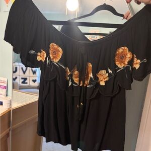 Xhilaration Black Top with Orange Floral Embroidery